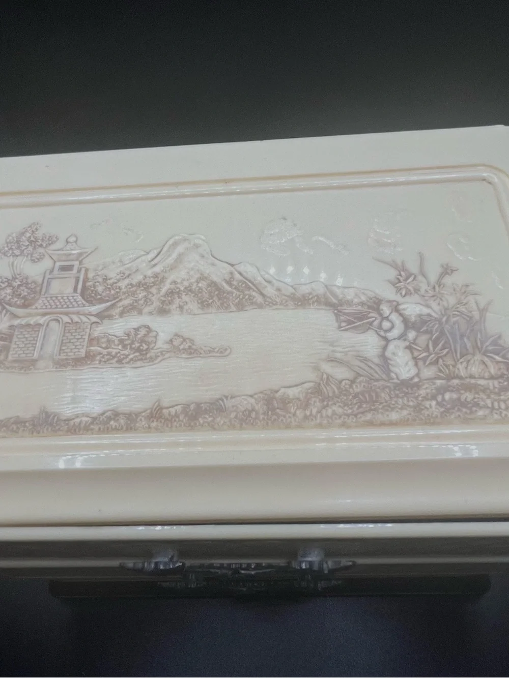 Vintage 1950s Celluloid Jewelry Box Asian Scenic 3 Drawer Vanity Trinket Chest.